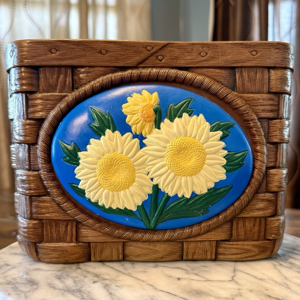 VTG 70s Ceramic Floral Basket Weave Planter Removable Daisy Sides Boho‎ Country